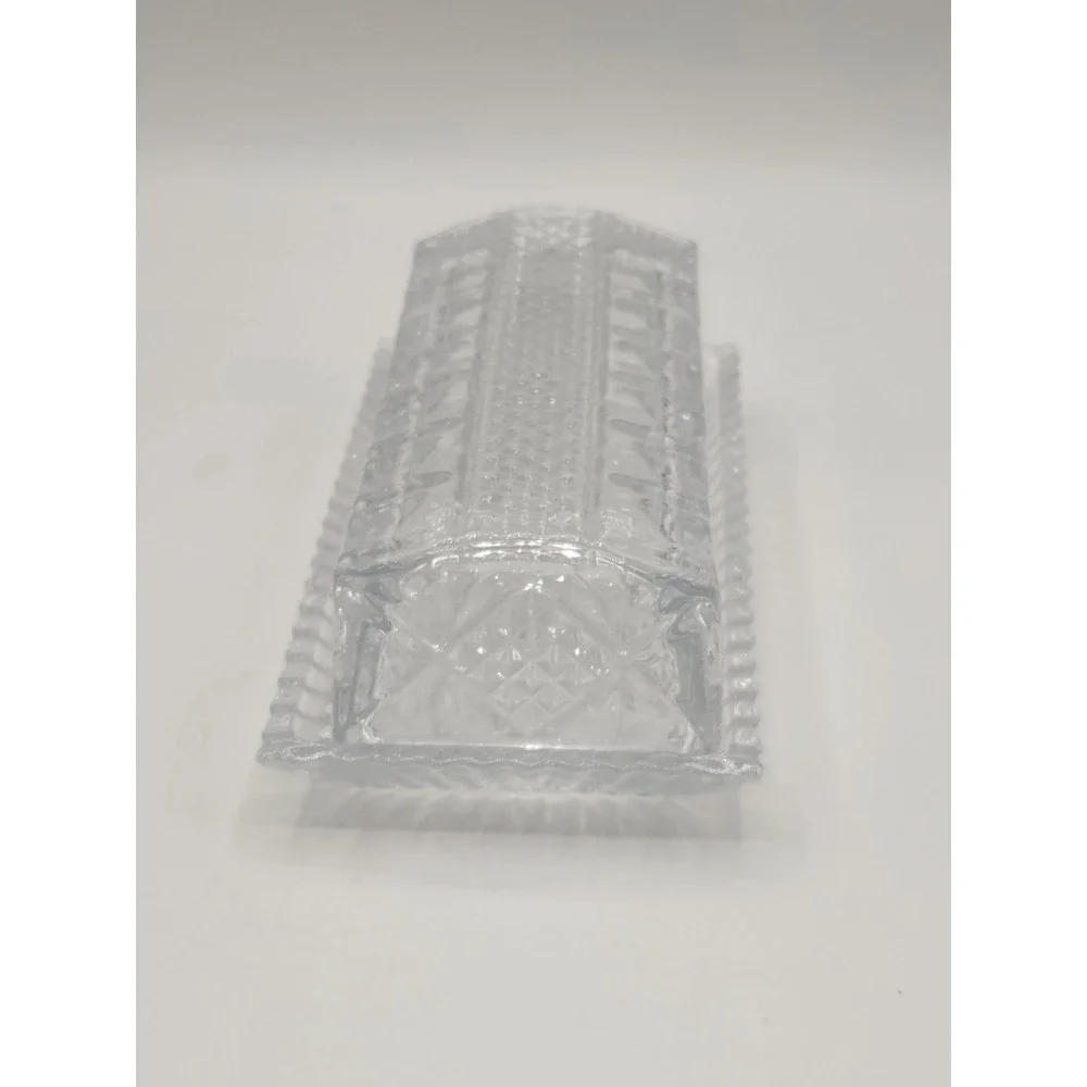 Vintage Pressed Glass Butter Dish Clear Glass Covered Dish Starburst Diamond Cut